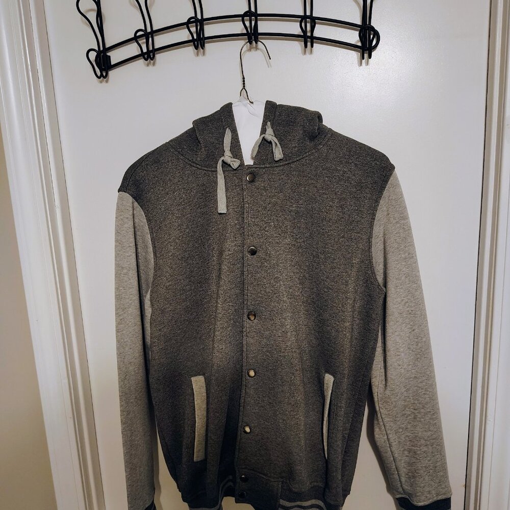 Charcoal Gray Hooded Varsity Jacket - Large